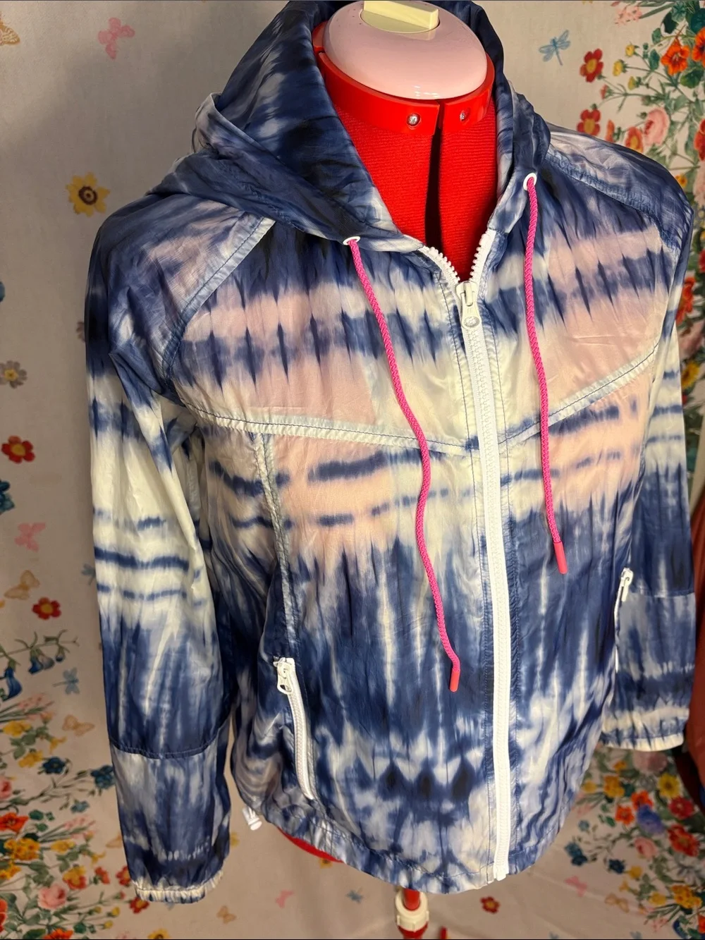 American Eagle - Tie-Dye Blue & White Hooded Windbreaker Jacket Athleisure